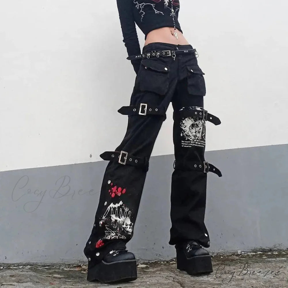 E-girl Black Cargo Halloween Pants Black / S