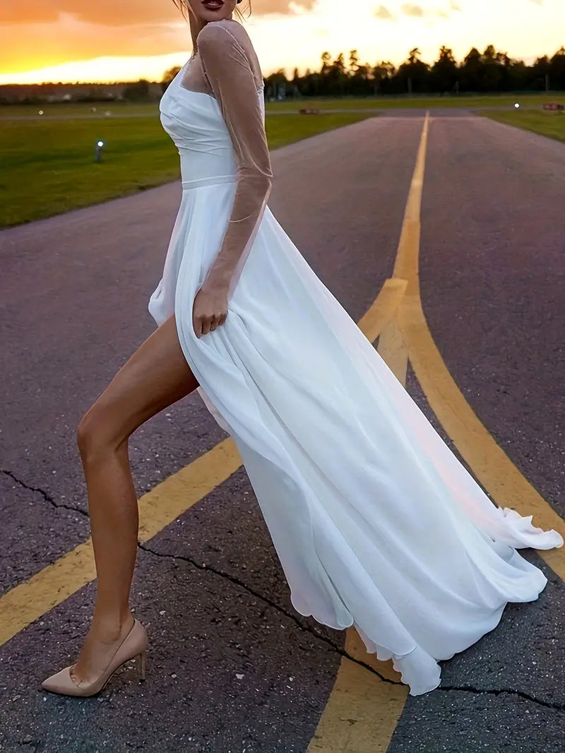 White One Shoulder Chiffon Maxi Dress with Long Sleeve and Slit