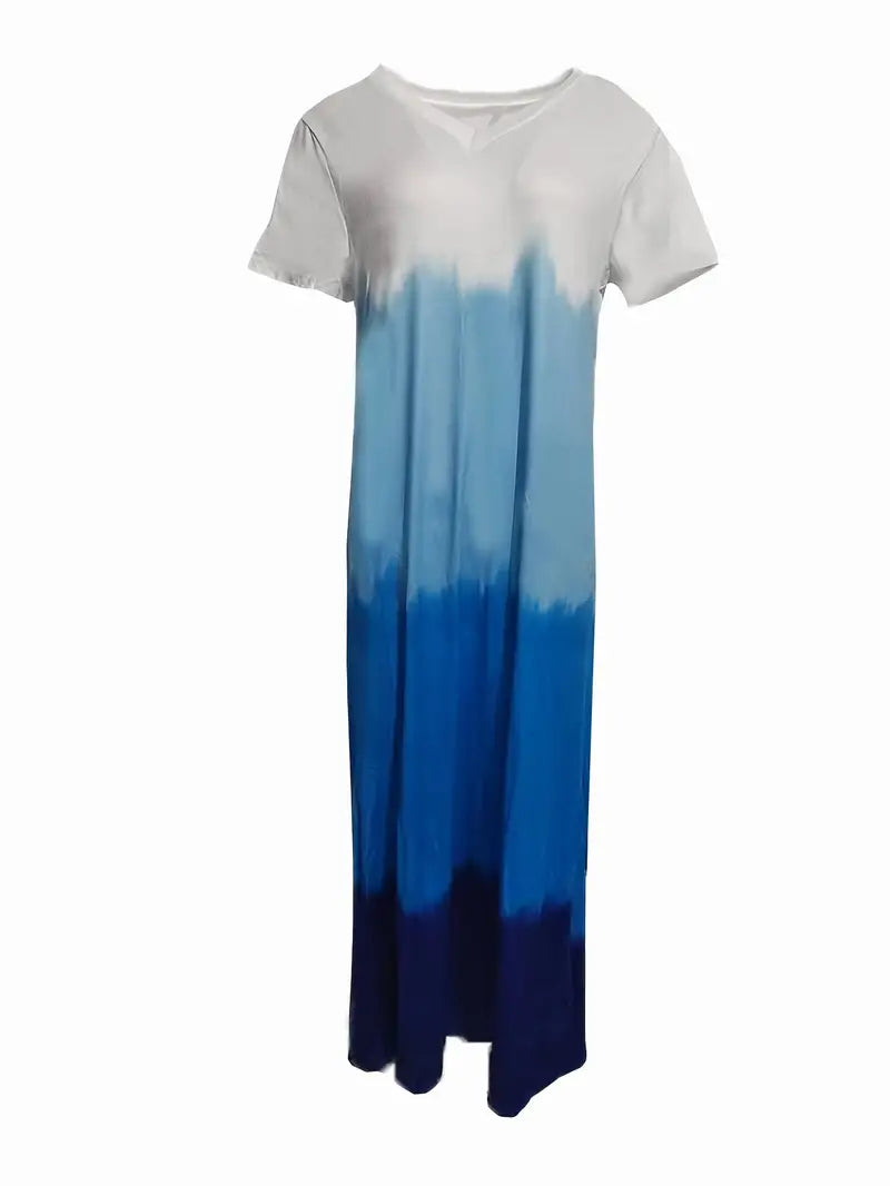 V Neck Short Sleeve Maxi Beach Dress with Gradient Color Side Split