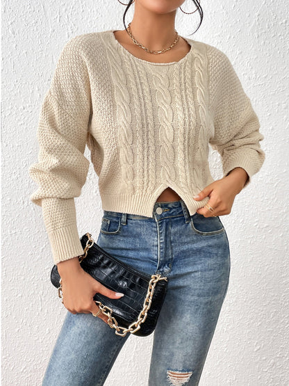 Slit Drop Shoulder Cable-Knit Sweater