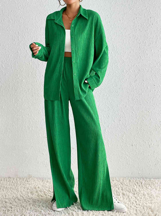 Collared Neck Shirt and Slit Pants Set Mid Green bottoms clothes Hanny long sleeve shirts long sleeve top set sets Ship From Overseas top tops Women's Bottoms