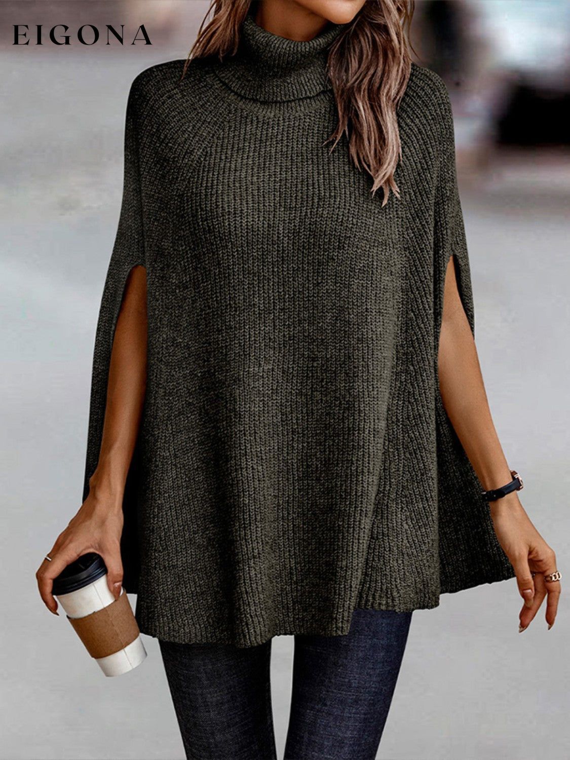 Cosybreezee - Turtleneck Dolman Sleeve Poncho Fashion Sweater