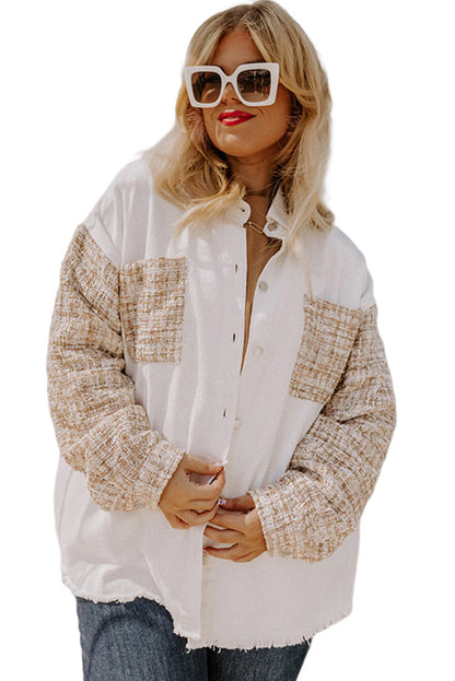 Raw Plus Tweed Size Down White Patchwork Blouse Hem Button Jacket