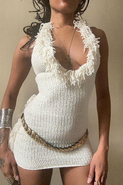 Fringe Halter Backless Bodycon Knit Mini Dress