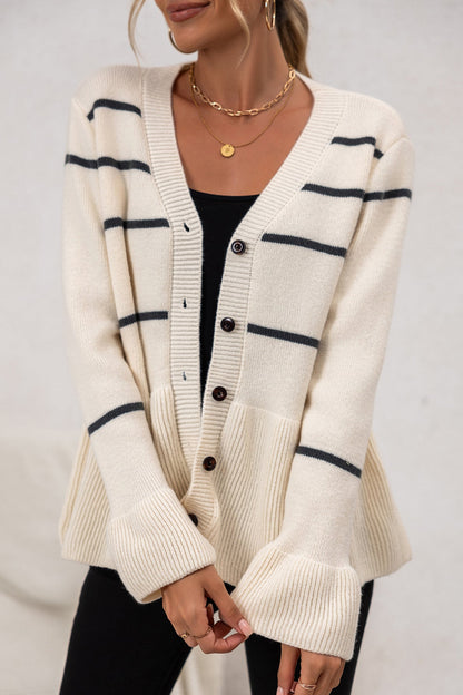 V-Neck Striped Loose Fit Knit Cardigan