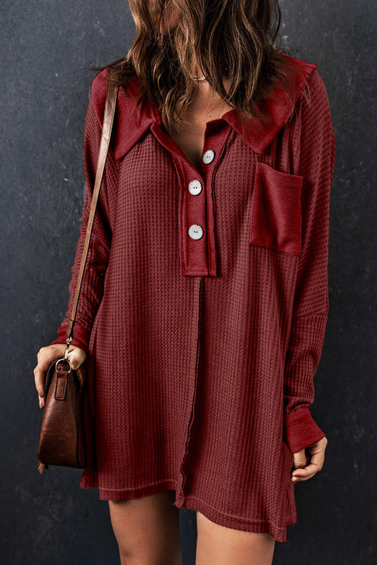 Red Knit Buttoned Waffle Top