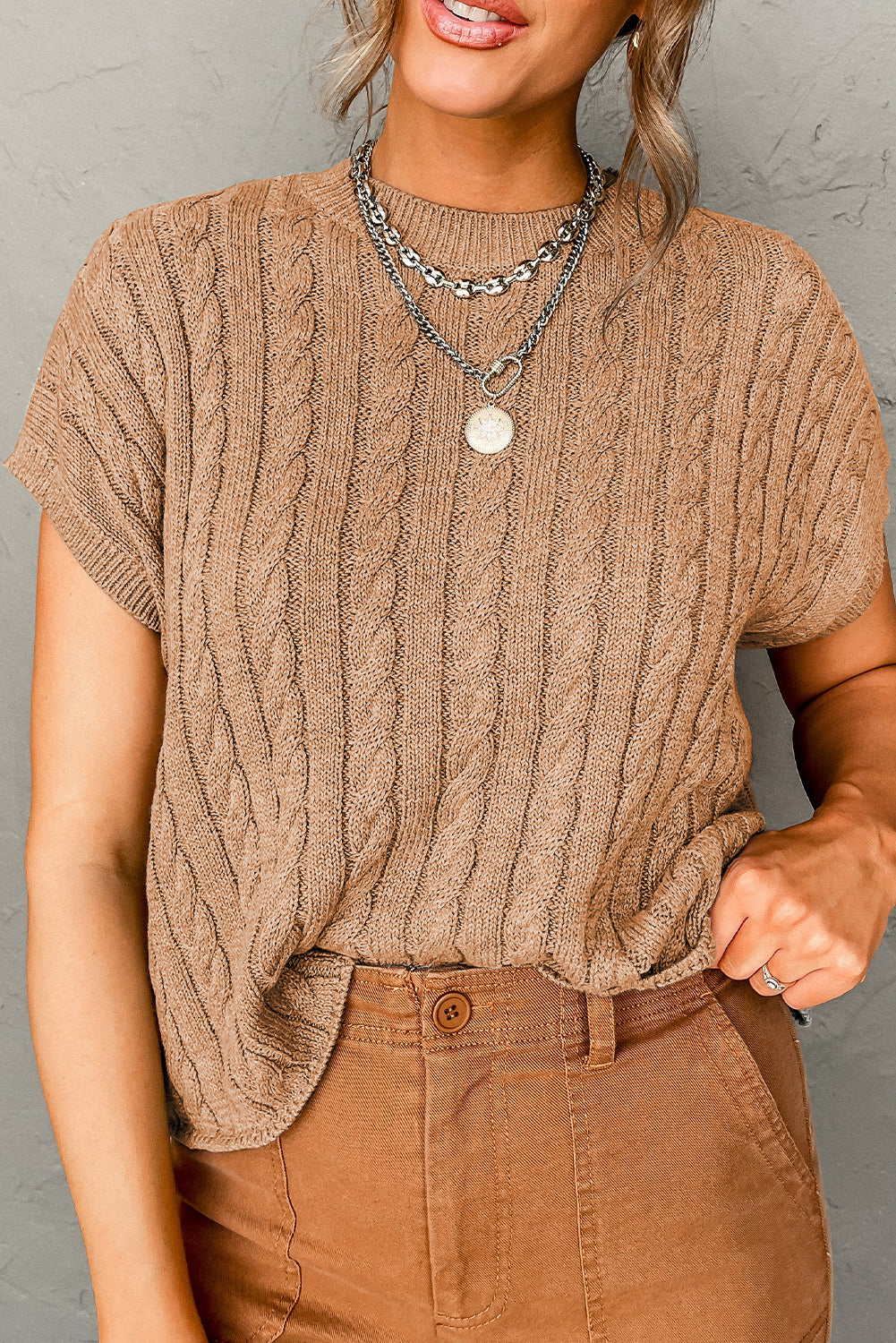 Arm French Knit Beige Brief Cable Sweater