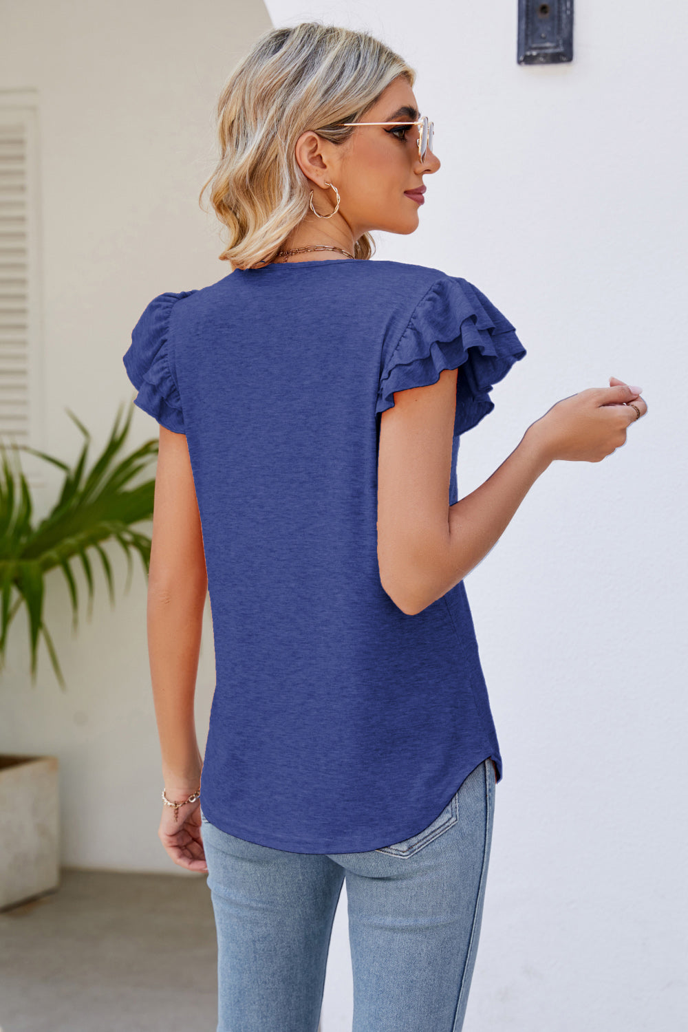 Top Smocked Flutter V-Neck with Arm Detail