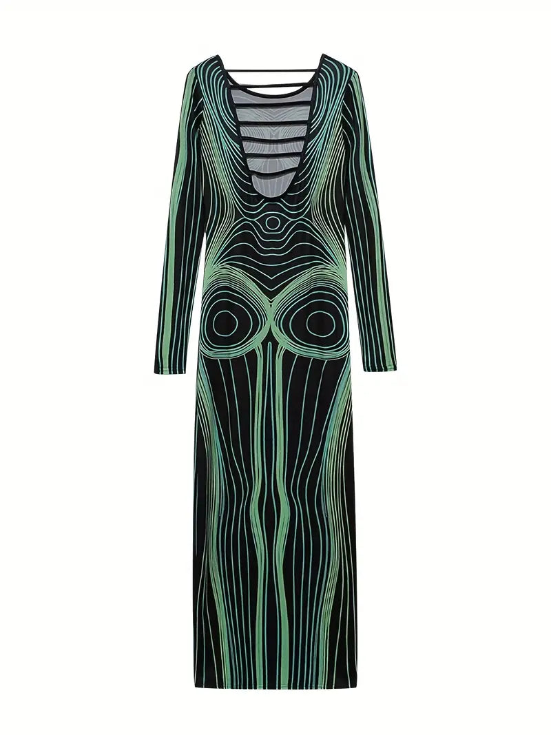 Striped Body Shape Print Dress with Cut Out Long Sleeves