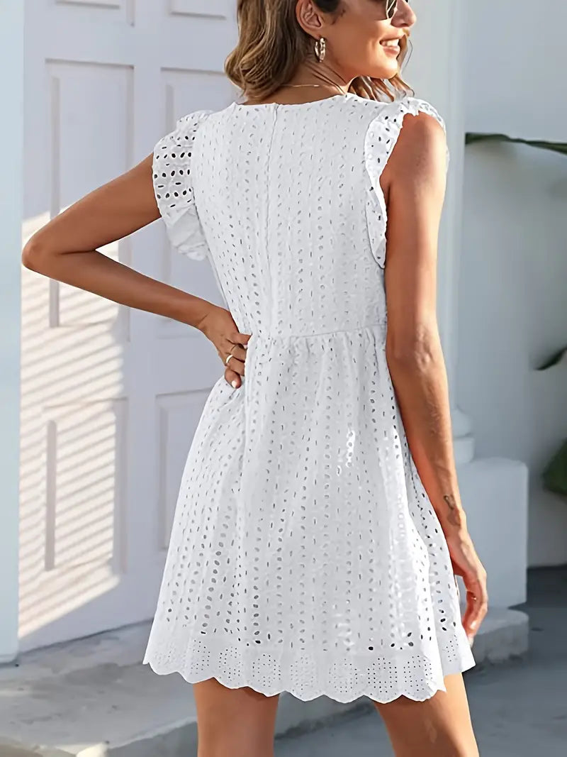 White V-neck Lace Ruffle Trapeze Dress with Cut Out Detail