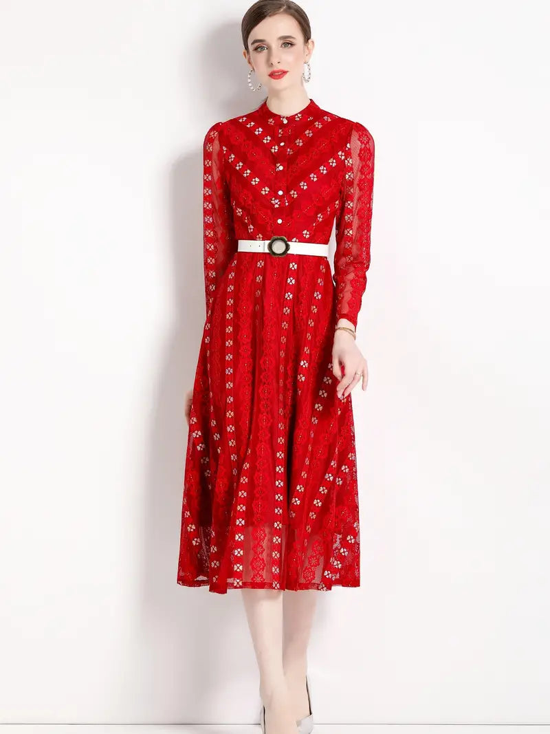 Red Lace Embroidered Mock Neck Long Sleeve Dress with Button Detail