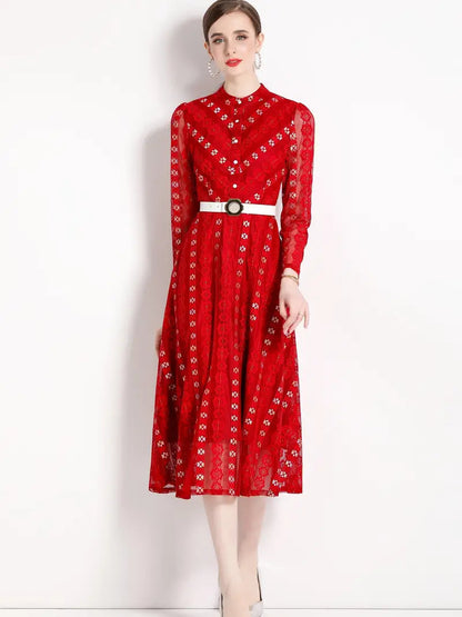 Red Lace Embroidered Mock Neck Long Sleeve Dress with Button Detail