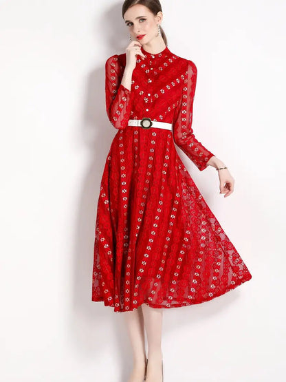 Red Lace Embroidered Mock Neck Long Sleeve Dress with Button Detail