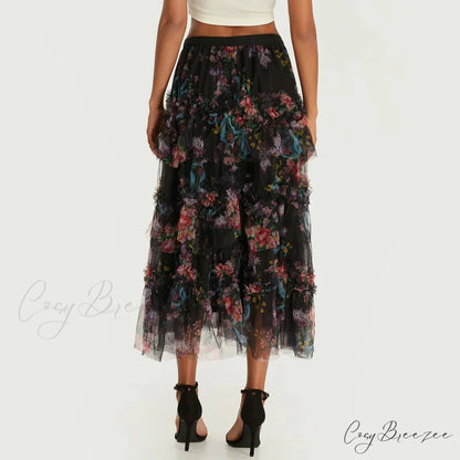 Early Fall Floral Print Ruffle Mesh Skirt Women A-line Midi skirt-250126
