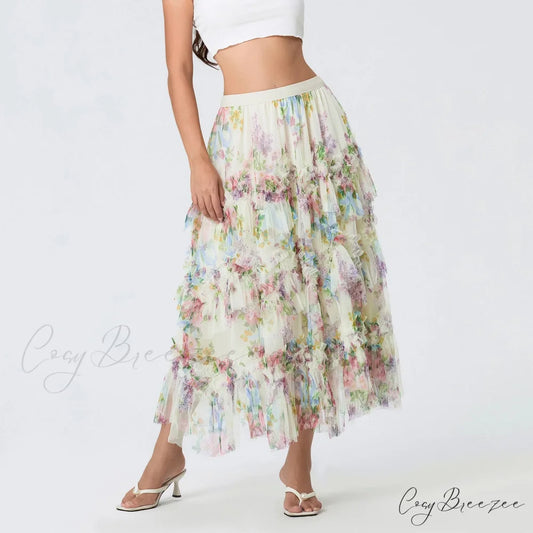 Early Fall Floral Print Ruffle Mesh Skirt Women A-line Midi Beige / S skirt-250126
