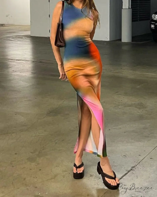 Earthen Gradient Stylish Maxi Slit Dress