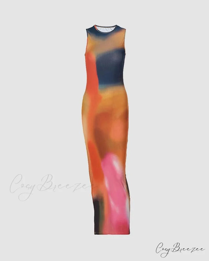 Earthen Gradient Stylish Maxi Slit Dress Multicolor / XS