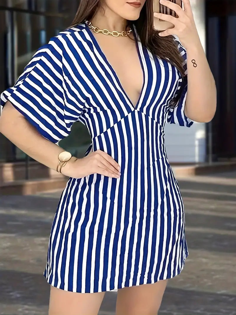 Blue Striped Backless Short Sleeve Mini Dress