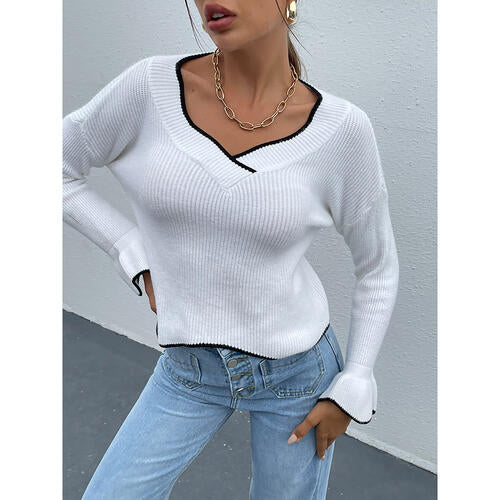 V-Neck Flounce Sweater with Sleeves