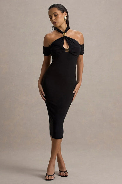 Sexy Backless Halter Bodycon Midi Dress
