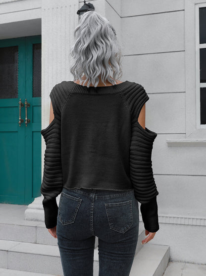 Ribbed Trim Cold-Shoulder Sweater