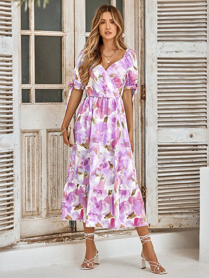 Purple Print Waist Puff Sleeve V-neck Maxi Dress