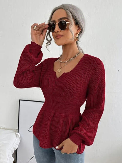 Shoulder Arm Knit Notched Dropped Top with Long Detail