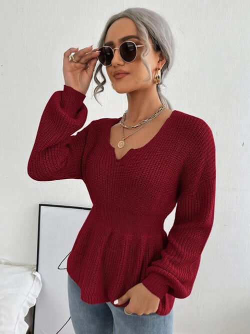 Cosybreezee - Arm Knit Notched Dropped Top with Long Detail