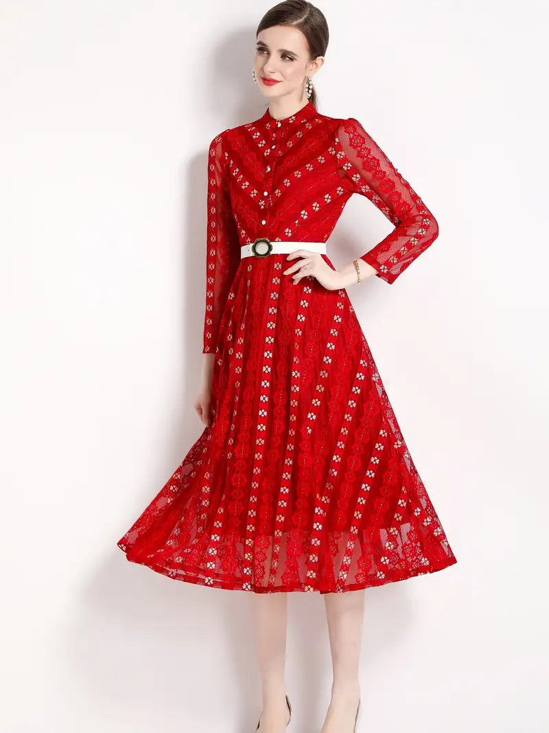 Red Lace Embroidered Mock Neck Long Sleeve Dress with Button Detail