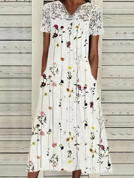 White Lace Sleeve Floral Print Maxi Dress with Flower Pattern