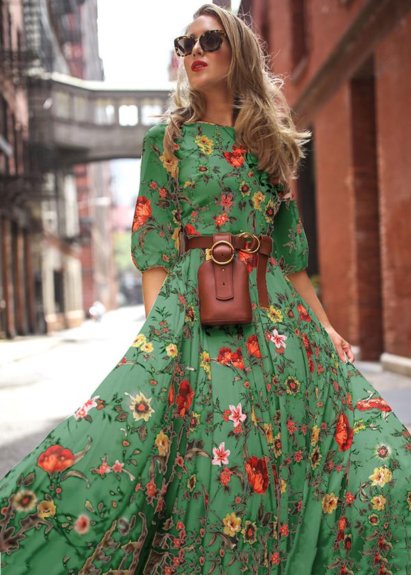 Bohemia Maxi Dress with Floral Round Neck and Half Sleeves