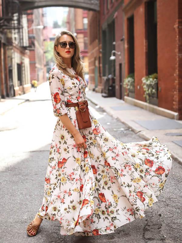 Bohemia Maxi Dress with Floral Round Neck and Half Sleeves