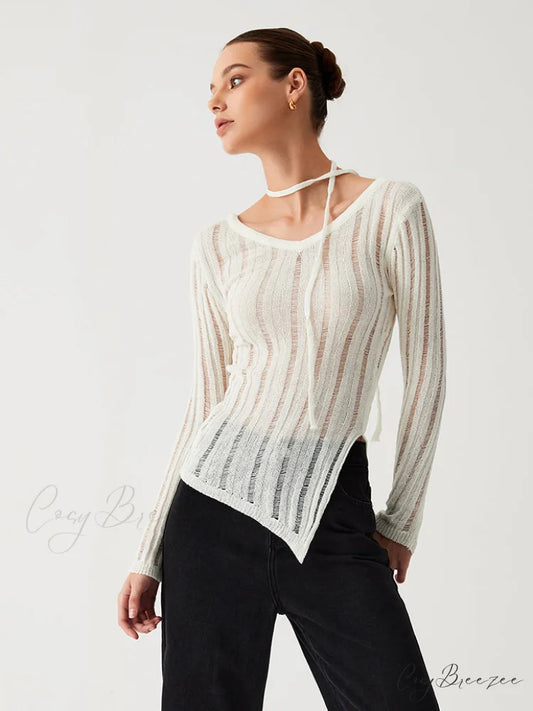 Effortless See Through Trendy Open Knit Top White / S
