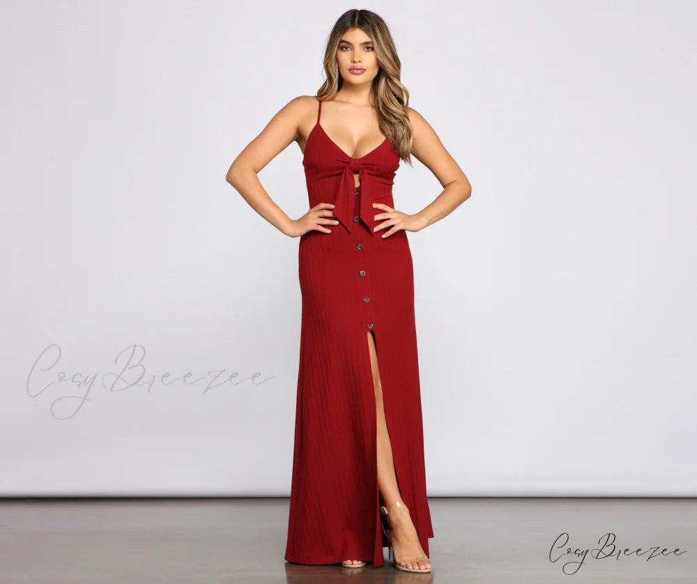 Effortless Style Stylish Tie-Front Maxi Dress BURGUNDY / XS