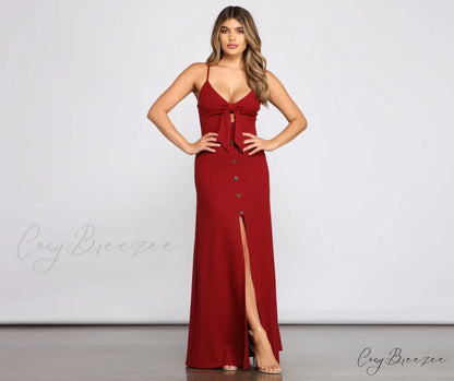 Effortless Style Stylish Tie-Front Maxi Dress BURGUNDY / XS