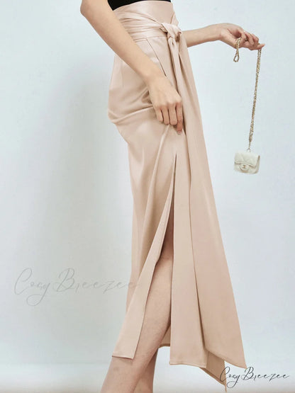 Effortless Tie Front Satin Modern Flowy Slit Midi Skirt Champagne / XS