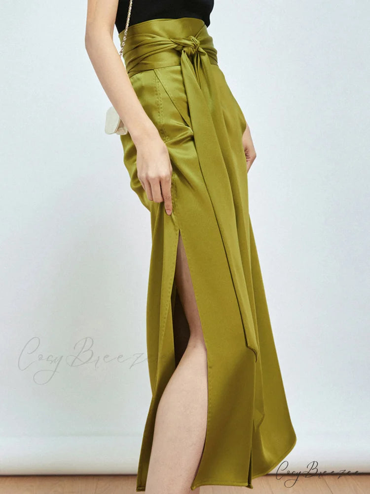 Effortless Tie Front Satin Modern Flowy Slit Midi Skirt Mustard / XS