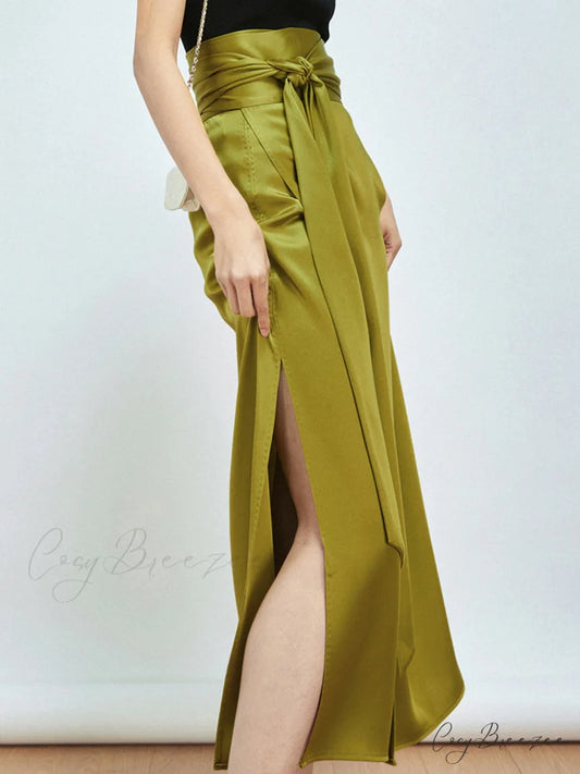 Effortless Tie Front Satin Modern Flowy Slit Midi Skirt Mustard / XS