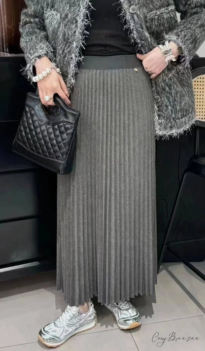 Elastic High-Waisted Stylish Pleated Midi Skirt