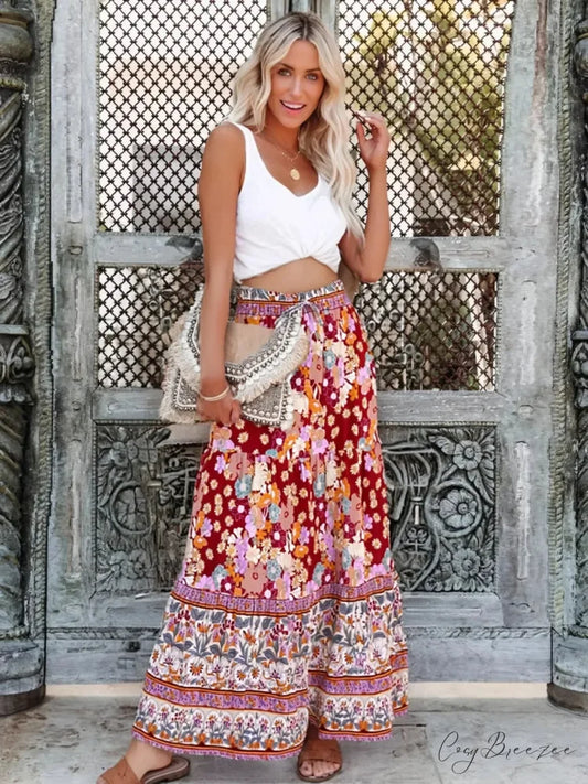 Elastic Waist Floral Printed Beach Boho Pleated Maxi Skirt Black / S skirt-250126
