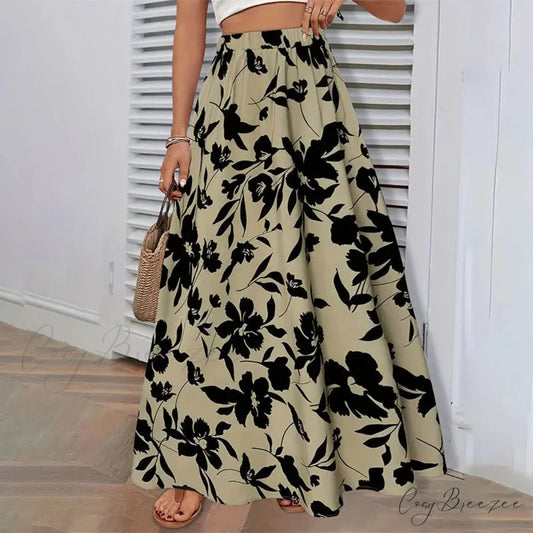 Elastic Waist Flowers Printed Women’s A-line Skirt Summer Elegant Olive Green / S skirt-250126