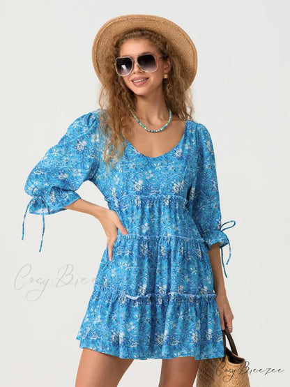 Elbow Puff Sleeve V-Neck Tiered Floral Dress floraldress-250126