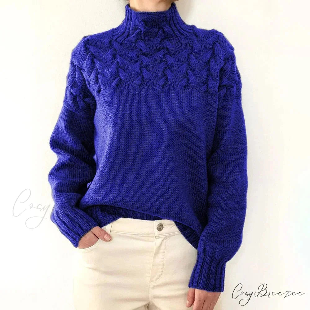 Electric Cable Woven Turtleneck Solid Color Sweater Blue / S swraters-241228