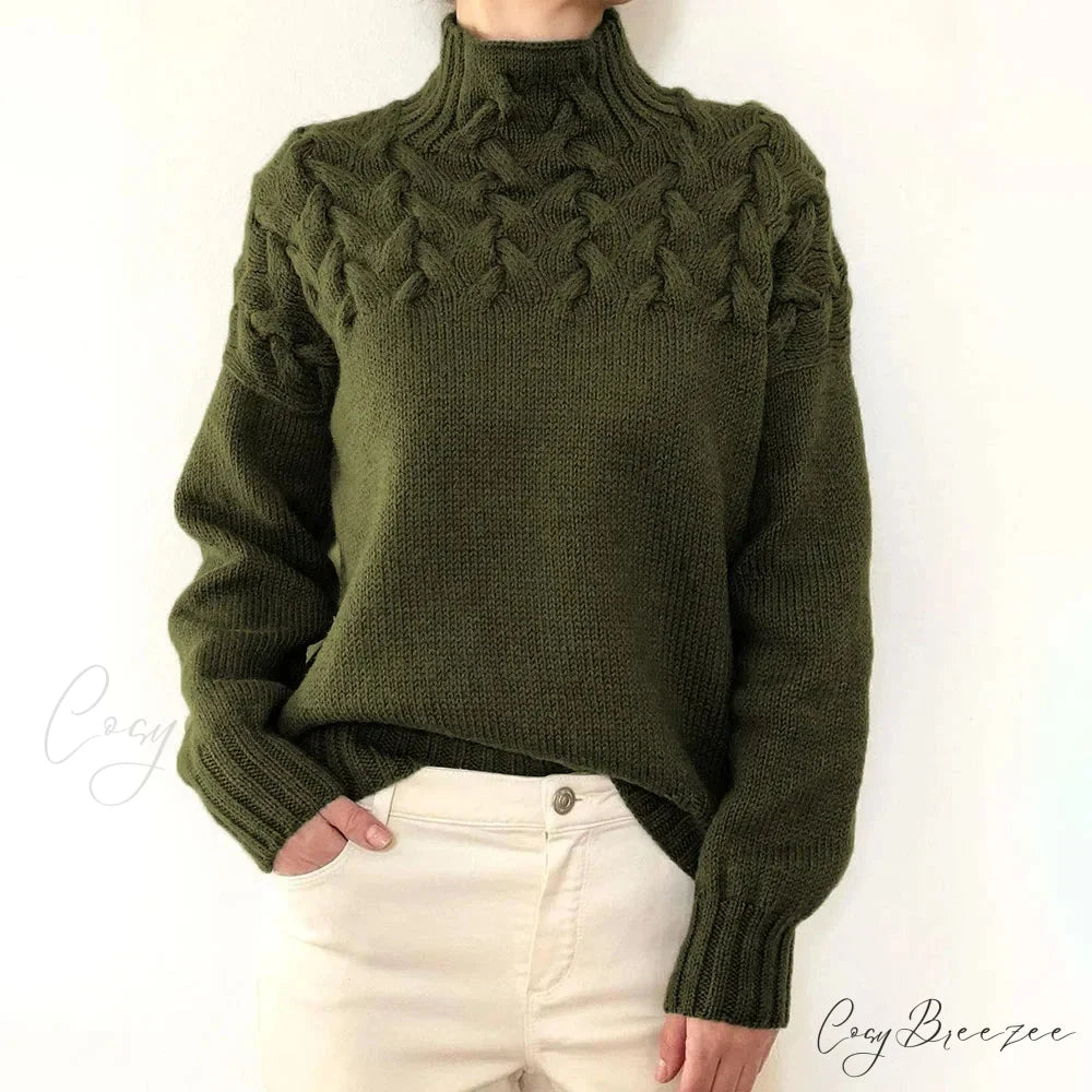 Electric Cable Woven Turtleneck Solid Color Sweater Dark Green / S swraters-241228