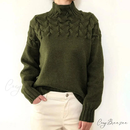 Electric Cable Woven Turtleneck Solid Color Sweater Dark Green / S swraters-241228