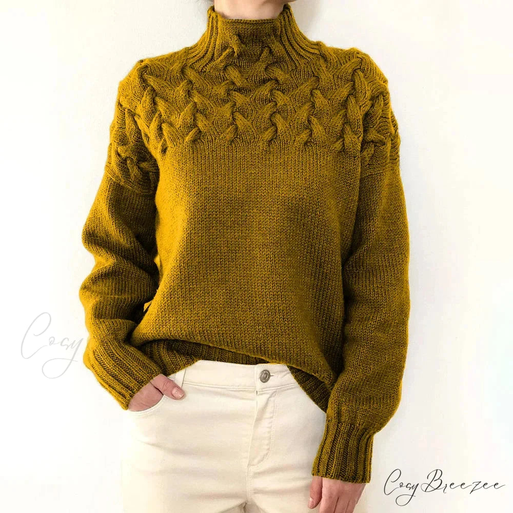 Electric Cable Woven Turtleneck Solid Color Sweater Ginger Yellow / S swraters-241228