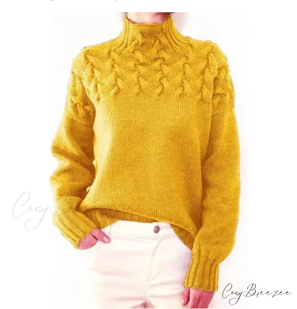 Electric Cable Woven Turtleneck Solid Color Sweater Gold / S swraters-241228