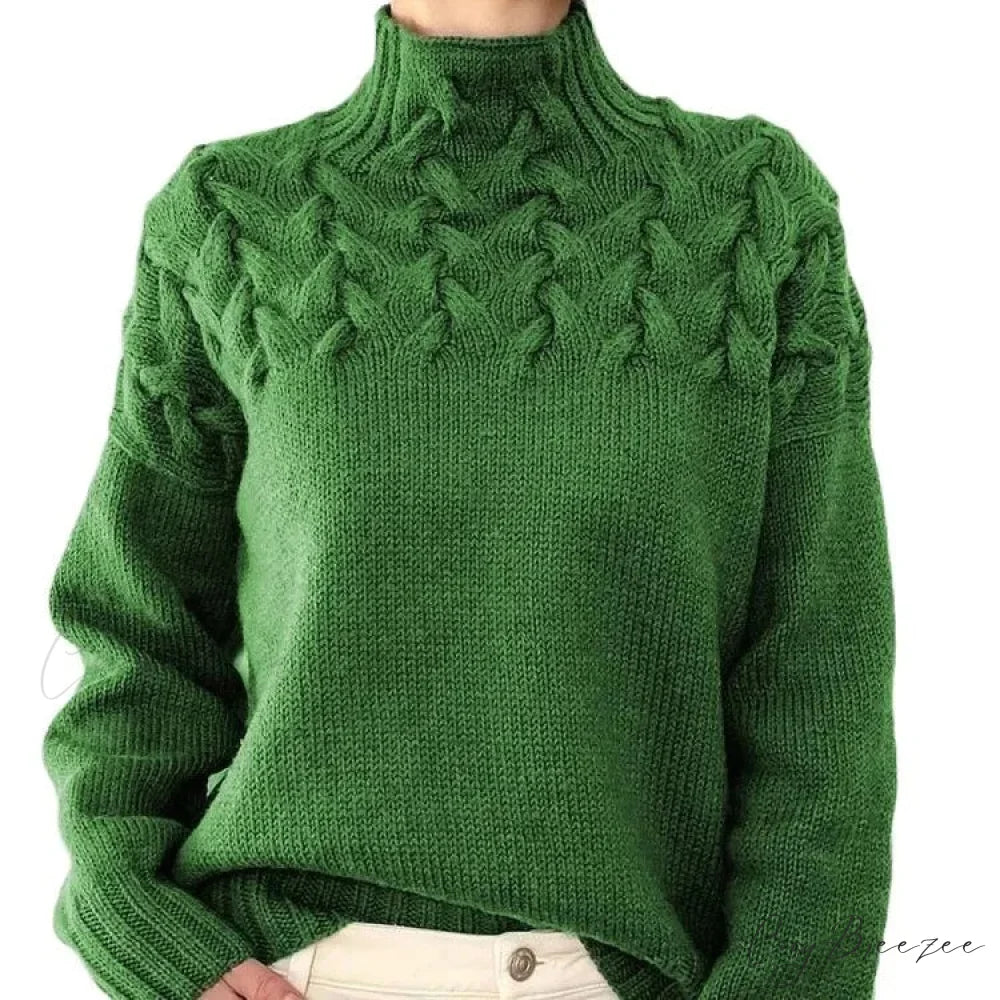 Electric Cable Woven Turtleneck Solid Color Sweater Green / S swraters-241228