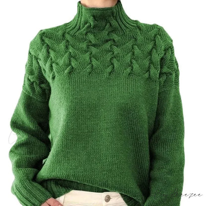 Electric Cable Woven Turtleneck Solid Color Sweater Green / S swraters-241228