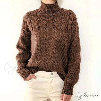 Electric Cable Woven Turtleneck Solid Color Sweater Khaki / S swraters-241228